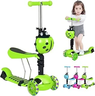 3-Rad-Roller für Kinder Kleinkinder im Alter von 2 bis 8 Jahren, Kick-Roller mit LED-Blinklichträdern, abnehmbarem Sitz und verstellbarem Lenker,Grün