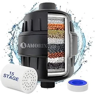 Shower Filter, 15 Stage Shower Head Filter for Hard Water High Output Showerhead Filter Black Shower Water Filter Reduce Chlorine, Dry Skin, Itchy Scalp - Shower Water Softener Improves Skin Condition