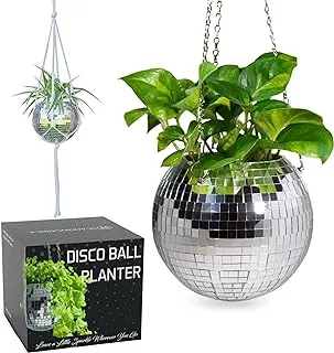 SCANDINORDICA Disco Ball Planter – Disco Ball Plant Hanger, Mirror Disco Planter with Chain and Macrame Hanger, Hanging Planters for Indoor Plants | 8 inch Silver