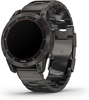 GARMIN FENIX 7 - إصدار SAPPHIRE SOLAR، وحزام DLC بلون رمادي كربوني تيتانيوم مع محتوى DLC رمادي كربوني مزود بفتحات تهوية من التيتانيوم وحزام سيليكون أسود