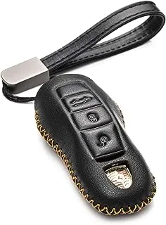 Vitodeco Genuine Leather Smart Key Fob Case with Leather Key Strap Compatible for Porsche 718, Porsche 911, Porsche Panamera, Porsche Cayenne (3-Button, Black)