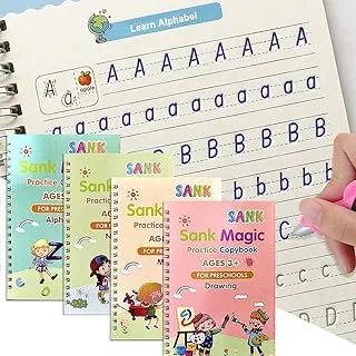 AMERTEER Magic Copybook for Kids, Reusable Handwriting Practice Kit with Easy Grip Pen, Includes 4 Books for Math, English Alphabet Tracing Book, Letter Drawing