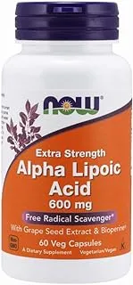 Now Foods Alpha Lipoic Acid 600 mg, Extra Strength with Grape Seed Extract & Bioperine 60 Veg Capsules