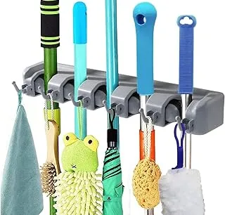 Mop and Broom Holder, Wall Mounted Organizer, Garage Storage Rack & Garden Tool Organizer, 5 Slots with 6 Hooks Kitchen, Garage and Laundry