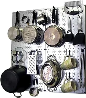 Wall Control Kitchen Pegboard Organizer Pots and Pans Pegboard Pack Storage and Organization Kit with Metallic Silver Pegboard and Black Accessories