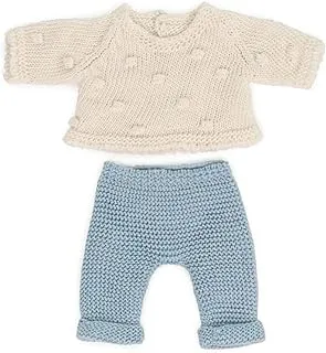 MINILAND Dolls: Knitted Doll outfit 21cm - Sweater & Trousers, made of recycled materials, for 21cm Baby doll. Model: Sweater & Trousers in blue.