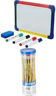 Maxi 2 Sided Dry Wipe Whiteboard A4 20X30Cm,4Pc Markers,Dry Wipe Eraser + PENCIL WITH ERASER TIP JAR OF 48PC Black