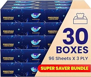 Fine Prestige Facial Tissue 96 sheets X 3 Ply, 30 Boxes. Cotton Velvety Soft Tissues, Super Saver Bundle offer