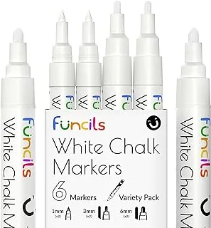 Funcils White Chalk Markers for Chalkboard Signs, Blackboard, Window, Labels, Bistro, Glass, Cars - Variety Pack of 6 - (2x) 1mm Extra Fine, 3mm Fine Tip & 6mm Bold Tip | Erasable Liquid Chalk Pens