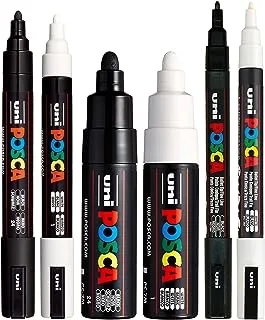 posca Black & White Bullet Tip - (PC-5M, PC-7M, PC-3M) Set of 6 Pens