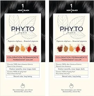 مجموعة ألوان الشعر الدائمة Phyto Phytocolor 1 باللون الأسود مع أصباغ نباتية، خالية من الأمونيا - عبوة من قطعتين