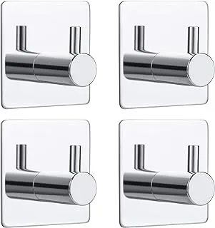 Bylion 4 Pack Silver Adhesive Wall Hooks, Adhesive Chrome Hooks Bathroom Towel Hooks Chrome SUS 304 Stainless Steel Wall Hooks, Heavy Duty Waterproof Hooks, Robe Hooks for Bathroom Kitchen Bedroom