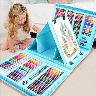 XDISHYN 208 PCS Art Supplies, BRAND Drawing Art Kit for Kids Adults Art Set with Double Sided Trifold Easel, Oil Pastels, Crayons (Blue)