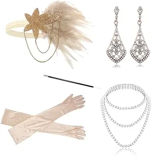 Cizoe 1920s Flapper Gatsby Costume Accessories Set 20s Flapper Headband Vintage Pearl Necklace Gloves