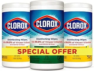 Clorox Disinfecting Wipes Crisp Lemon Triple 75 Wet Wipes, Kills 99.9% of Viruses and Bacteria,Pack of 3