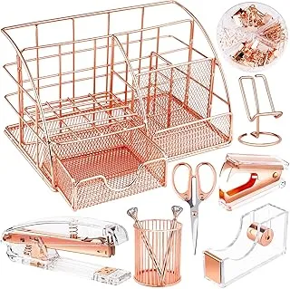 NiOffice Rose Gold Desktop Accessory Kit - Office Home Workspace Organizers with Acrylic Stapler, Tape Dispenser, Pen Holder, Scissors, Phone Stand, Binder Clips and 1000 Staples