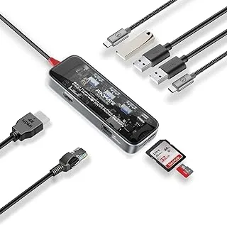 Promate USB-C™ Hub، موزع وسائط متميز متعدد الشاشات 9 في 1 مع Prime 4K@60 هرتز HDMI، وشبكة LAN عالية السرعة 1000 ميجابت في الثانية، وفتحة بطاقة SD/TF، ​​ومنافذ USB-A مزدوجة بسرعة 5 جيجابت في الثانية، وطاقة USB-C™ بقدرة 100 واط التسليم، TransHub-الذهاب