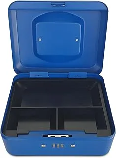 Maxi Medium Cash Box with number lock (8 Inch 200x160x90mm) Steel Register with Tray and Lock Durable Portable Money Box Safe for Bills Jewelry Receipts Coins Matt Blue