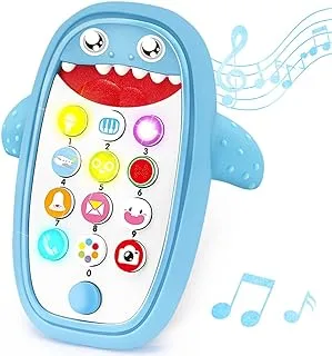 Baby Shark Cell Phone Toy Removable Teether Case, Light, Music & Adjustable Volume Kids Play & Learn Fake Phone Infant Toddler, Preschool Holiday Birthday Gift for Girl Boy 0-6, 6-18 Months (Blue)