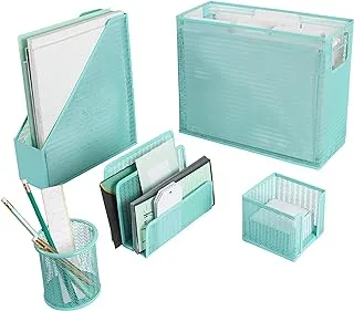 Blu Monaco 5 Piece Cute Office Supplies Aqua Desk Organizer Set - with Desktop Hanging File Organizer, Magazine Holder, Pen Cup, Sticky Note Holder, Letter sorter - Aqua Desk Accessories