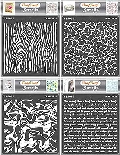 CrafTreat Pattern Stencils for Painting on Wood, Canvas, Paper, Fabric, Floor, Wall and Tile - Woodgrain, Crackle, Marble and Script - 4 Pcs - 6x6 Inches Each - Reusable DIY Art and Craft Stencils