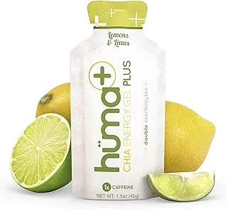 Huma Chia Energy Gel Plus - Lemons & Limes - 24 count x 42g - 23gr Carbs, 240mg Sodium, Double Electrolytes, 1x Caffeine, 25mg Caffeine, 100% All Natural, Vegan, Gluten Free