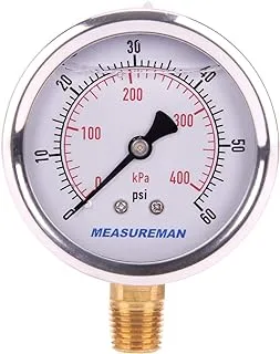 MEASUREMAN 2-1/2inch Dial Size, Liquid Filled Pressure Gauge, 0-60psi/kpa, 304 Stainless Steel Case, 1/4inNPT Lower Mount