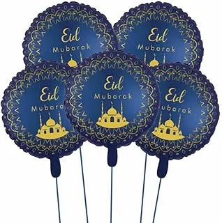 Blue and Gold Eid Mubarak Foil Balloons - Pack of 5 Eid Foil Balloons for Eid Decorations for Eid Mubarak Balloons for Happy Eid Mubarak Party Decorations Eid Mubarak Ramadan