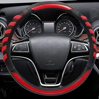 NICEASY Sport Grip Style Dark Red Leather Steering Wheel Cover,Black,Universal Fit 14.5-15.25 inch Steering Wheel