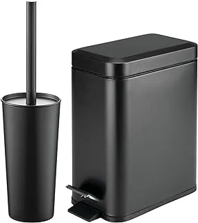 mDesign Metal Freestanding Slim Toilet Bowl Brush and Holder + Rectangle Narrow 1.3 Gallon Step Pedal Trash Can Wastebasket for Bathroom Storage - Small, Compact Design - Set of 2 - Black