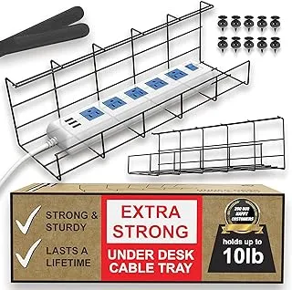 Under Desk Cable Tray - Super Sturdy Cable Organizer for Wire Management. Metal Wire Cable Tray for Office, Studio and Home (Black Cord Basket Set of 2x 16''). Standing Desk Cable Management Basket