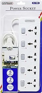 Unipower EX-1085 Power Socket with 5 Way Outlets and Extension Cord, 3 Meter Length, White