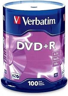 أقراص Verbatim DVD+R الفارغة AZO Dye سعة 4.7 جيجابايت و16X قرص قابل للتسجيل - 100 قرص مغزل فضي التعبئة والتغليف خالية من الإحباط