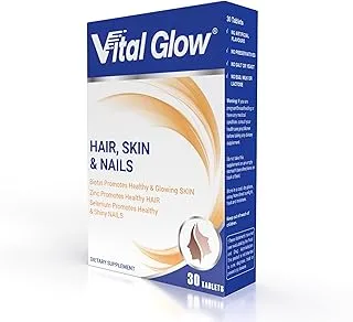 Vital Healthcare Vital Glow للشعر والبشرة والأظافر | مع البيوتين لبشرة صحية ومتوهجة | الزنك لشعر صحي | السيلينيوم لأظافر صحية ولامعة | 30 قرص