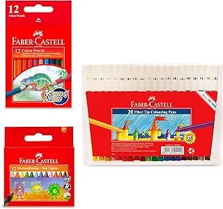 Faber-Castell Washable Fibre Tip Colour Pen 20 Colours + Colour Pencil 12 Colours + Washable Wax Crayons 12 Colours