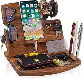 TESLYAR Natural Walnut Wood Phone Docking Station Key Holder Stand Organizer Men Husband Wife Anniversary Dad Birthday Nightstand Purse Father Graduation Male Travel Idea Gadgets