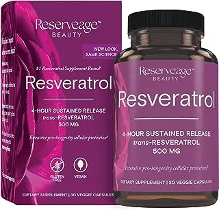 Reserveage Beauty Resveratrol 500Mg | 4- Hours Sustained Release Trans-Resveratrol | For Intensive Pro-Longevity Cellular Protection | Gluten Free | Vegan | 60 Veggie Capsules