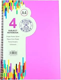 Sadaf 70Gsm Plastic Feint Ruled 3 Dividers Single Spiral 4 Subjects Notebook with 120 Sheets