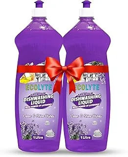 Ecolyte+ Platinum Antibacterial dishwashing Liquid Soap Detergent and Perfect Shine, all-purpose cleaner, Leaves No Residue, Kitchen Cleaner, Removes grease & oil, Pack of 2 (Lavender, 1 Liter)