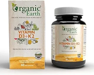 Organic Earth Plant Based VITAMIN D3+K2 I Supports Healthy Immune System | Crafted With Synergistic Blend of D3 From Lichen & K2 from Natto | Vegan, Gluten Free, Clean Nutrition I 60 Capsules