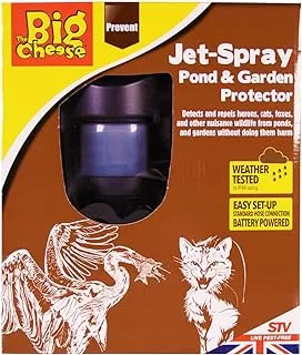 The Big Cheese Jet Spray Pond and Garden Protector PIR Activated Water-Jet Deterrent Protects Fish ponds from Herons and Gardens from Predators. Battery Powered with Standard Hose Pipe Connection