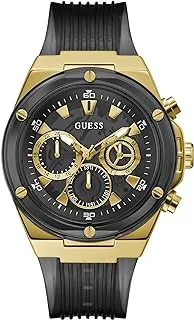 GUESS Men's Sport Multifunction 46mm Watch – Black Dial Gold-Tone Stainless Steel Case with Black Bio-Based Polyurethane Strap, Black/Gold-Tone