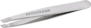 Tweezerman Mini Slanted Tweezer. Stainless Steel. Hand filed, perfectly aligned tips. 25° slanted tip. Calibrated tension , control and precision. Ideal size for makeup bag.