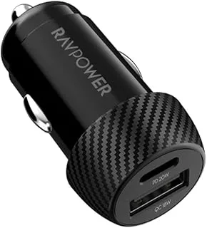 RAVPower 20W 2 Port PD and QC Fast Car Charger, Black