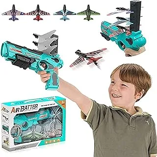 One-button ejection foam airplane toy with 4 gliding launchers, blue