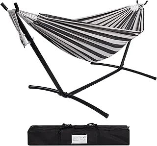 Prime Garden Cotton Rope Hammock with Space Saving Steel Hammock Stand, 2 Person Double Freestanding Hammock with Carry Bag for Outdoor Patio Yard Backyard 450 lb Capacity (Black Stripe)