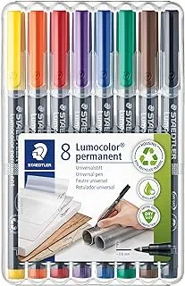 قلم STAEDTLER Lumocolor العالمي، رفيع، طرف لباد، قلم تحديد دائم، صندوق مكون من 8 أقلام ألوان متنوعة، 0.6 مم 318 WP8، متعدد الألوان، عبوة من 8 (318 WP8 ST)