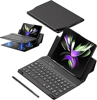 AWH Bluetooth-Compatible Keyboard for Z Fold 5/4/3 - Portable Magnetic Wireless Keyboard with Folding Flip Stand Pen Holder Leather Case - BLACK