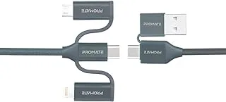 Promate 6-In-1 Multi Charging Cable, Premium Hybrid 20V 3A Lightning, USB-C, Micro USB Connectors to USB-A and USB-C Fast Sync Charging Cable Data Cord with 60W Type-C to Type-C PD, PentaPower Grey