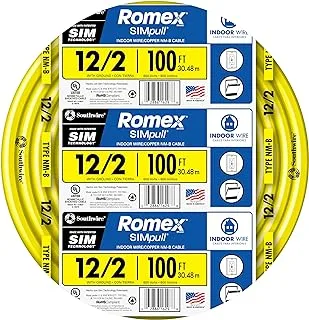 Southwire 28828228 100' 12/2 with ground Romex brand SIMpull residential indoor electricial wire type NM-B, Yellow